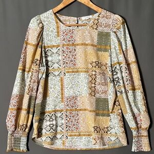 Pleione M Floral Patchwork Cottagecore Puff Sleeve Blouse
